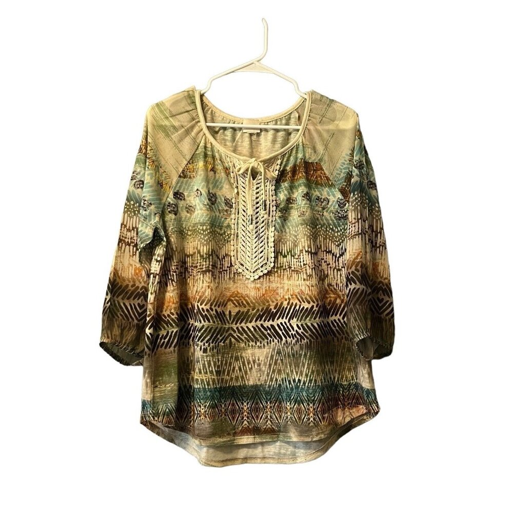 Chicos Lace Crochet Front Top Size 2 Tropical All Over‎ Print 3/4 Sleeve